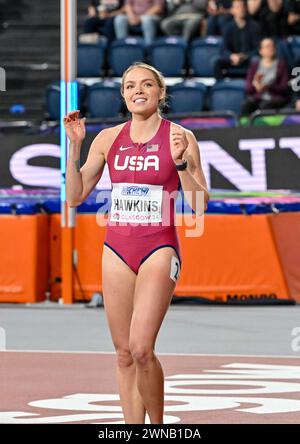 Glasgow, Scozia, Regno Unito. 1 marzo 2024. Chari HAWKINS (USA) festeggia il suo primo posto nel Pentathlon femminile durante i Campionati mondiali di atletica indoor all'Emirates Arena di Glasgow, Scozia, Regno Unito. Crediti: LFP/Alamy Live News Foto Stock