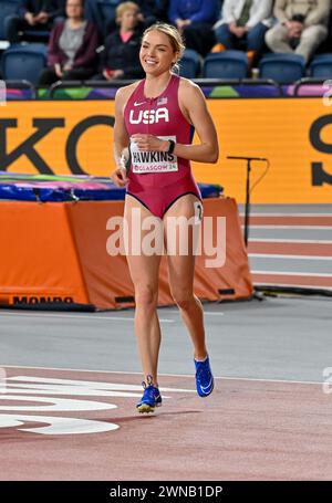 Glasgow, Scozia, Regno Unito. 1 marzo 2024. Chari HAWKINS (USA) festeggia il suo primo posto nel Pentathlon femminile durante i Campionati mondiali di atletica indoor all'Emirates Arena di Glasgow, Scozia, Regno Unito. Crediti: LFP/Alamy Live News Foto Stock