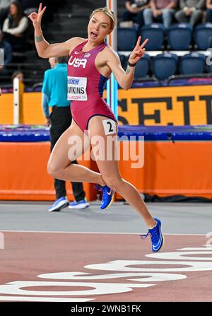 Glasgow, Scozia, Regno Unito. 1 marzo 2024. Chari HAWKINS (USA) festeggia il suo primo posto nel Pentathlon femminile durante i Campionati mondiali di atletica indoor all'Emirates Arena di Glasgow, Scozia, Regno Unito. Crediti: LFP/Alamy Live News Foto Stock