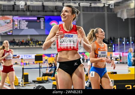 Glasgow, Scozia, Regno Unito. 1 marzo 2024. Susanne GOGL-WALLI (AUT) conclude 2° i suoi 400m di caldo femminile durante i Campionati mondiali di atletica indoor all'Emirates Arena di Glasgow, Scozia, Regno Unito. Crediti: LFP/Alamy Live News Foto Stock