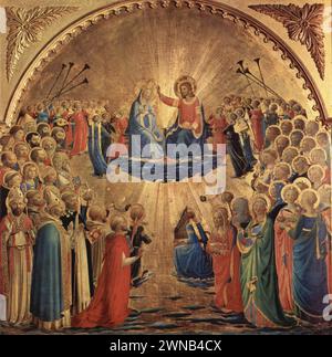 L'Incoronazione della Vergine è un dipinto dell'Incoronazione della Vergine del pittore italiano del primo Rinascimento fra Angelico, eseguito intorno al 1432. Oggi si trova nella Galleria degli Uffizi di Firenze. Foto Stock