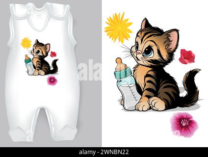 Camici per bambini bianchi con un motivo cartoni animati di un gattino Illustrazione Vettoriale