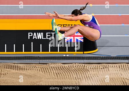 Glasgow, Regno Unito. 1 marzo 2024. GLASGOW, REGNO UNITO - 1 MARZO: La Gran Bretagna Abigail Pawlett gareggia nel Women's Long Jump Pentathlon durante il primo giorno dei Campionati mondiali di atletica leggera indoor Glasgow 2024 all'Emirates Arena il 1° marzo 2024 a Glasgow, Regno Unito. (Foto di Andy Astfalck/Agenzia BSR) credito: Agenzia BSR/Alamy Live News Foto Stock