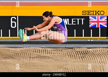 Glasgow, Regno Unito. 1 marzo 2024. GLASGOW, REGNO UNITO - 1 MARZO: La Gran Bretagna Abigail Pawlett gareggia nel Women's Long Jump Pentathlon durante il primo giorno dei Campionati mondiali di atletica leggera indoor Glasgow 2024 all'Emirates Arena il 1° marzo 2024 a Glasgow, Regno Unito. (Foto di Andy Astfalck/Agenzia BSR) credito: Agenzia BSR/Alamy Live News Foto Stock