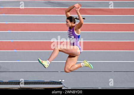 Glasgow, Regno Unito. 1 marzo 2024. GLASGOW, REGNO UNITO - 1 MARZO: La Gran Bretagna Abigail Pawlett gareggia nel Women's Long Jump Pentathlon durante il primo giorno dei Campionati mondiali di atletica leggera indoor Glasgow 2024 all'Emirates Arena il 1° marzo 2024 a Glasgow, Regno Unito. (Foto di Andy Astfalck/Agenzia BSR) credito: Agenzia BSR/Alamy Live News Foto Stock