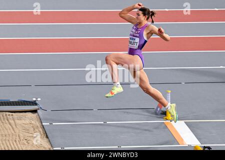 Glasgow, Regno Unito. 1 marzo 2024. GLASGOW, REGNO UNITO - 1 MARZO: La Gran Bretagna Abigail Pawlett gareggia nel Women's Long Jump Pentathlon durante il primo giorno dei Campionati mondiali di atletica leggera indoor Glasgow 2024 all'Emirates Arena il 1° marzo 2024 a Glasgow, Regno Unito. (Foto di Andy Astfalck/Agenzia BSR) credito: Agenzia BSR/Alamy Live News Foto Stock