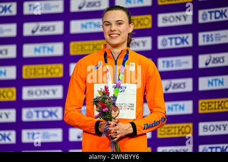 Glasgow, Regno Unito. 1 marzo 2024. GLASGOW, REGNO UNITO - 1 MARZO: Sofie Dokter dei Paesi Bassi, vincitrice della medaglia di bronzo, dopo aver partecipato al Pentathlon femminile durante il primo giorno dei Campionati mondiali di atletica leggera indoor Glasgow 2024 all'Emirates Arena il 1° marzo 2024 a Glasgow, Regno Unito. (Foto di Andy Astfalck/Agenzia BSR) credito: Agenzia BSR/Alamy Live News Foto Stock