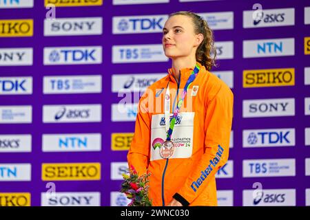 Glasgow, Regno Unito. 1 marzo 2024. GLASGOW, REGNO UNITO - 1 MARZO: Sofie Dokter dei Paesi Bassi, vincitrice della medaglia di bronzo, dopo aver partecipato al Pentathlon femminile durante il primo giorno dei Campionati mondiali di atletica leggera indoor Glasgow 2024 all'Emirates Arena il 1° marzo 2024 a Glasgow, Regno Unito. (Foto di Andy Astfalck/Agenzia BSR) credito: Agenzia BSR/Alamy Live News Foto Stock