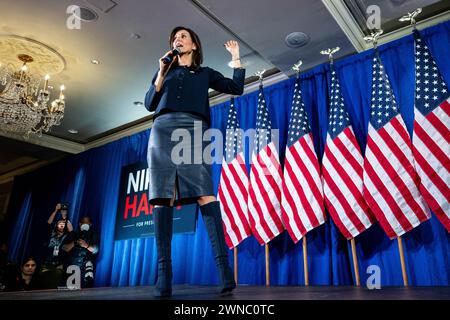 Washington, Stati Uniti. 1 marzo 2024. Nikki Haley parla ad un evento della campagna al Madison Hotel di Washington, DC. (Foto di Michael Brochstein/Sipa USA) credito: SIPA USA/Alamy Live News Foto Stock