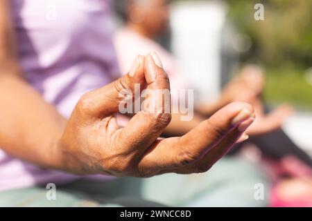 Una donna afroamericana senior pratica yoga in un ambiente soleggiato all'aperto Foto Stock