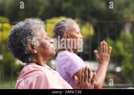 Donna afroamericana senior e donna birazziale senior praticano yoga all'aperto, entrambi con capelli grigi Foto Stock