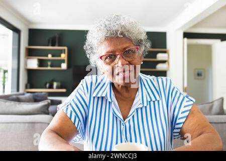 Donna birazziale anziana con capelli grigi e occhiali si siede a casa per una videochiamata Foto Stock