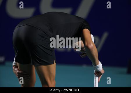 Acapulco, Messico. 1 marzo 2024. Holger Rune di Danimarca reagisce durante la semifinale contro Casper Ruud di Norvegia al torneo ATP Mexican Open 2024 ad Acapulco, Messico, 1 marzo 2024. Crediti: Li Mengxin/Xinhua/Alamy Live News Foto Stock