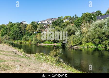 Vista del fiume Ruhr e del paesaggio verde circostante. Natura sul fiume vicino a Hattingen nella regione della Ruhr, Germania. Foto Stock