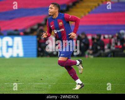 Barcellona, Spagna. 24 febbraio 2024. Vitor Roque del FC Barcelona durante la Liga EA Sports match tra FC Barcelona e Getafe CF giocato allo stadio Lluis Companys il 24 febbraio 2024 a Barcellona, Spagna. (Foto di Alex Carreras/Imago) credito: PRESSINPHOTO SPORTS AGENCY/Alamy Live News Foto Stock