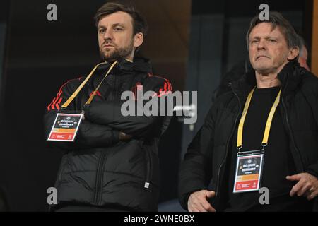 Lovanio, Belgio. 27 febbraio 2024. Jelle Schelstraete - Direttore operativo calcio della RBFA e Direttore tecnico Frank Vercauteren, nella foto di una partita tra le squadre nazionali del Belgio, chiamata Red Flames e Ungheria nella promozione/retrocessione tra i gruppi A e B, partita di andata nella competizione UEFA Women's Nations League 2023-24, sabato 27 febbraio 2024 a Lovanio, BELGIO. Crediti: Sportpix/Alamy Live News Foto Stock