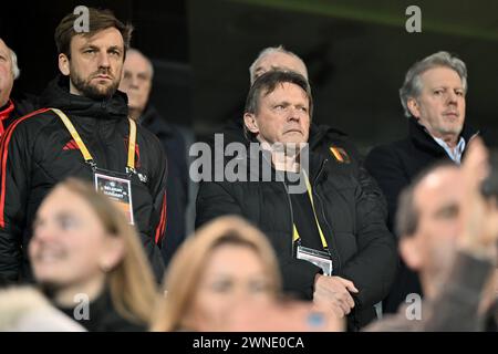 Lovanio, Belgio. 27 febbraio 2024. Jelle Schelstraete - Direttore operativo calcio della RBFA e Direttore tecnico Frank Vercauteren, nella foto di una partita tra le squadre nazionali del Belgio, chiamata Red Flames e Ungheria nella promozione/retrocessione tra i gruppi A e B, partita di andata nella competizione UEFA Women's Nations League 2023-24, sabato 27 febbraio 2024 a Lovanio, BELGIO. Crediti: Sportpix/Alamy Live News Foto Stock