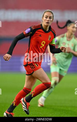 Lovanio, Belgio. 27 febbraio 2024. Tessa Wullaert (9) del Belgio, nella foto di una partita tra le squadre nazionali del Belgio, chiamata Red Flames e Ungheria nella promozione/retrocessione tra i gruppi A e B, partita di andata nella UEFA Women's Nations League 2023-24, sabato 27 febbraio 2024 a Lovanio, BELGIO . Crediti: Sportpix/Alamy Live News Foto Stock