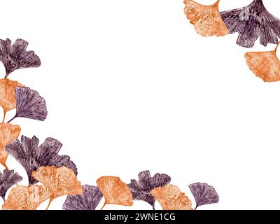 Impronta dorata a foglia marrone. Cornice orizzontale con lamelle multicolore. Elegante scheda di design con spazio di copia per il testo. Ginkgo, foglie asciutte astratte. Foto Stock