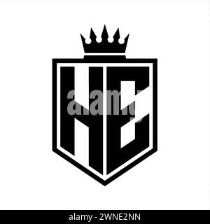 Scudo audace monogramma con logo HE Letter, forma geometrica con contorno a corona, modello di design in stile bianco e nero Foto Stock