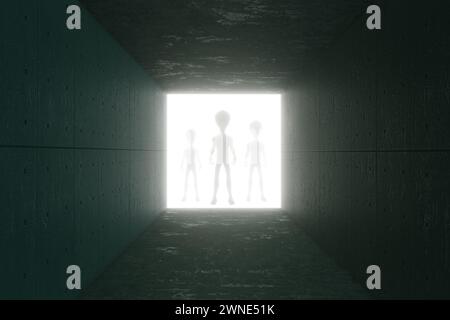 Sagome di alieni in piedi alla fine di un tunnel fatto di lastre di cemento. Illustrazione del concetto di vita extraterrestre e creature Foto Stock