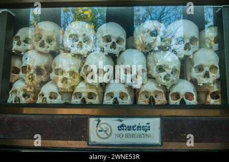 I campi di sterminio, teschi umani in mostra al Memoriale del genocidio di Choeung Ek, riflesso di alberi in vetro, Phnom Penh, Cambogia. © Kraig Lieb Foto Stock