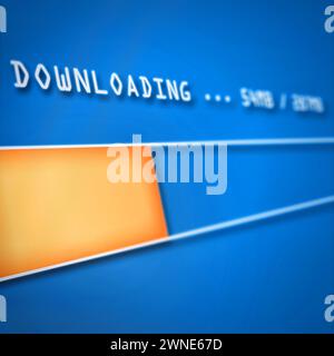 Internet, avanzamento del download e dell'installazione su schermata blu per l'aggiornamento dei dati o la condivisione delle informazioni. Sicurezza informatica, software e sito Web con caricamento barra Foto Stock