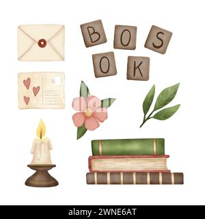 Set carino disegnato a mano per gli amanti della lettura. Libri e cose accoglienti. Libri colorati chiusi, hobby, lettere e buste, piante. Acquerello. Per le cartoline, bastone Foto Stock