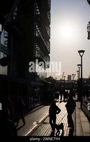 Le persone sono gettate in silhouette dal sole della sera, Bankside, Londra, Regno Unito. 7 giugno 2023 Foto Stock