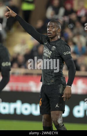 Nordi Mukiele del PSG durante la partita di campionato francese di Ligue 1 tra AS Monaco (ASM) e Paris Saint-Germain (PSG) il 1 marzo 2024 allo Stade Louis II di Monaco Foto Stock