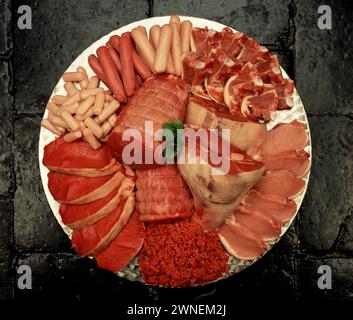 Piatto di carne cruda con tagli di maiale, manzo, agnello Foto Stock