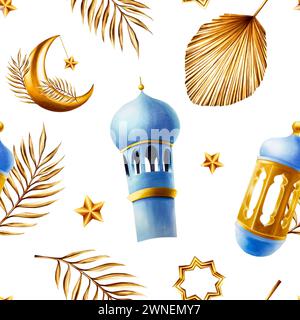 Motivo ad acquerello senza cuciture con luna crescente dorata islamica araba, stelle su catene d'oro, rami di palme da dattero, illustrazioni di minareto e lanterne Foto Stock