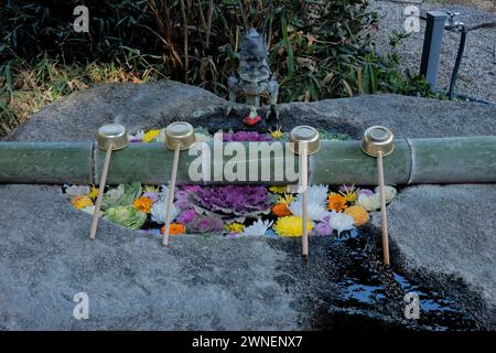 Sorgente sacra al santuario Saijinja sul sentiero Yamanobe no Michi, Nara, Giappone Foto Stock