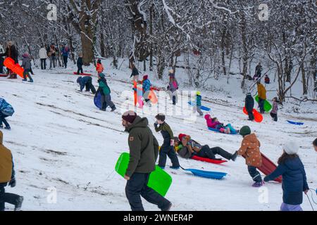 I bambini e le famiglie amano fare slittino nel Prospect Park dopo la prima vera caduta di neve in circa due anni nel febbraio 2024. Brooklyn, New York. Foto Stock