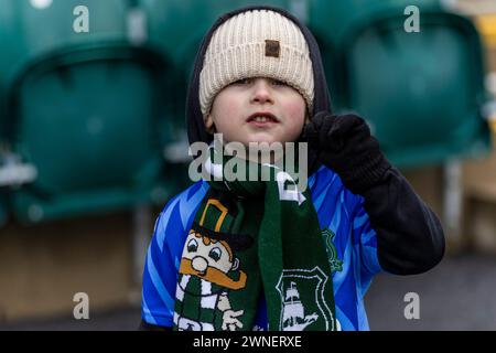 Fan del Plymouth Argyle prima della partita durante il match per il titolo Sky Bet a Home Park, Plymouth. Data foto: Sabato 2 marzo 2024. Foto Stock