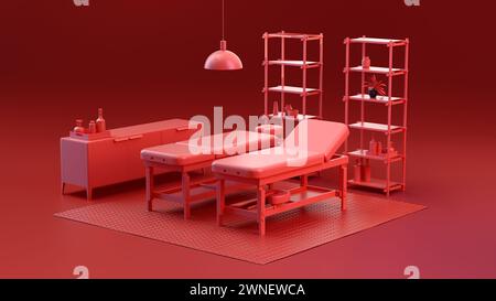 Camera interna in miniatura con tavoli massaggianti, moquette, bottiglie cosmetiche, fiore in vaso e lampada su sfondo rosso. Concetto moderno e minimale. Rendering 3D. Foto Stock
