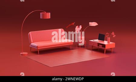 Camera interna in miniatura con divano, lampada, moquette, pianta e notebook su sfondo rosso. Concetto moderno e minimale. Illustrazione di rendering 3D. Foto Stock