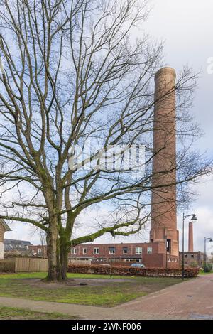 Moderne case di nuova costruzione che circondano le vecchie torri della fabbrica ENKA di Ede, provincia di Gelderland nei Paesi Bassi. Foto Stock