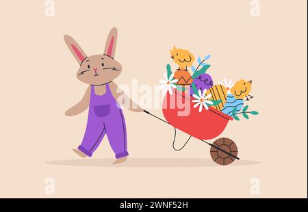 Bel coniglio con carriola e pulcini. Divertente illustrazione vettoriale. Concetto del giorno di Pasqua. Per biglietti d'auguri, poster, striscioni e adesivi. Illustrazione Vettoriale