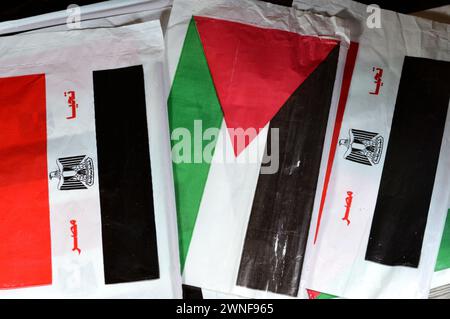 La bandiera egiziana e palestinese, traduzione dell'arabo (lunga vita all'Egitto), bandiera della Palestina e dell'Egitto, l'amicizia tra i paesi arabi con Foto Stock