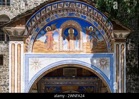 Dettagli di un affresco di ingresso al Monastero di Rila. Sofia, Bulgaria, Europa sudorientale. Foto Stock