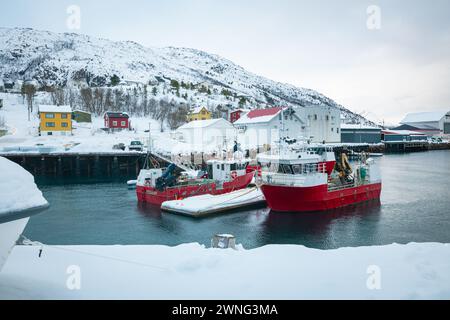 Vista panoramica delle barche nel porto di Lødingen sull'isola di Hinnøya, nella Norvegia settentrionale, in un giorno invernale a febbraio. Foto Stock