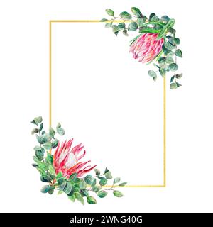 Cornice color acquerello Protea dorata, verticale. Fiori rosa disegnati a mano con rami di eucalipto isolati su sfondo bianco. Elemento di design per schede, wed Foto Stock