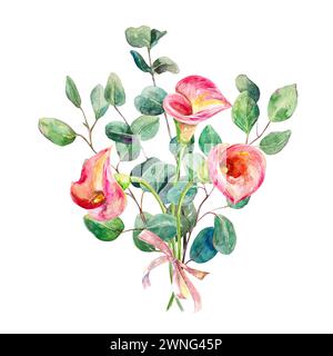 Gigli di calla acquerello. Bouquet disegnato a mano di callas e rami di eucalipto isolato su sfondo bianco. Elemento di design per schede, imballaggi, cov Foto Stock