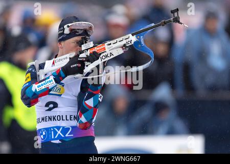 Oslo, Norvegia 02 marzo 2024, Tarjei Boe di Norvegia partecipa alla gara maschile di partenza di massa di 15 km che si è svolta presso il BMW IBU World Cup Biathlon di Holmenkollen Oslo, Norvegia. Crediti: Nigel Waldron/Alamy Live News Foto Stock