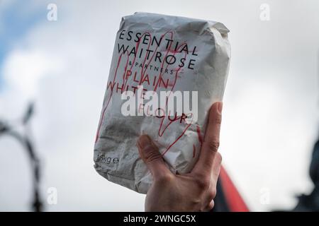 Londra, Regno Unito. 2 marzo 2024. Un pacchetto di farina viene tenuto in alto durante una protesta a Westminster, chiamata da Palestine Pulse, che chiede aiuti immediati alla popolazione assediata di Gaza e chiede l'arresto dei politici britannici "complice” in un conflitto descritto dallo studioso dell'Olocausto Raz Segal come un "caso da manuale di genocidio” e che è stato definito è attualmente sotto inchiesta della Corte internazionale di giustizia. La farina è un riferimento all'uccisione di oltre 100 palestinesi che hanno fatto la fila per gli aiuti alimentari nella città di Gaza, assediata da Israele. Crediti: Ron Fassbender/Alamy Live News Foto Stock