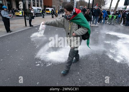 Londra, Regno Unito. 2 marzo 2024. Una donna sparge un pacchetto di farina durante una protesta a Westminster, chiamata da Palestine Pulse, che chiede aiuto immediato alla popolazione assediata di Gaza e chiede l'arresto dei politici britannici "complice” in un conflitto descritto dallo studioso dell'Olocausto Raz Segal come un "caso da libro di testo di genocidio” e che non ha fatto altro che essere è attualmente sotto inchiesta della Corte internazionale di giustizia. La farina è un riferimento all'uccisione di oltre 100 palestinesi che hanno fatto la fila per gli aiuti alimentari nella città di Gaza, assediata da Israele. Crediti: Ron Fassbender/Alamy Live News Foto Stock