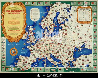 Mappa dei soggetti vintage. La carta nazionale del risparmio del continente europeo." Mostra figure delle industrie dei paesi, con figure di personaggi famosi e grandi città. Pubblicato dalla National Savings 1946 Foto Stock