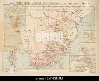 Mappa d'epoca. La mappa ferroviaria e commerciale del Sud Africa "Daily mail". 1899 Foto Stock