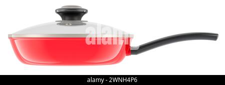 Padella rossa con coperchio in vetro, vista laterale. Rendering 3D isolato su sfondo bianco Foto Stock